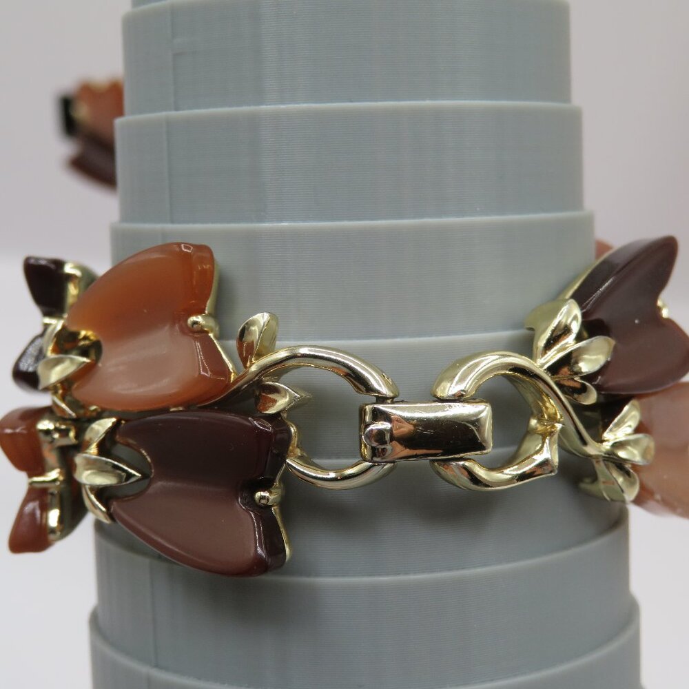 Vintage Lisner Thermoset Leaf Design Brown Gold Tone Bracelet and Earrings Set - Picture 8 of 11